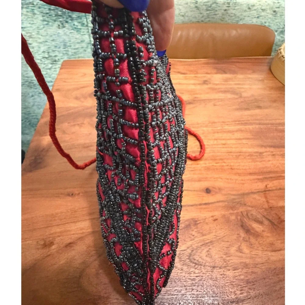 Vintage 90s Red Satin Hand Beaded Mini Handle Bag Crossbody Art Deco Elegant